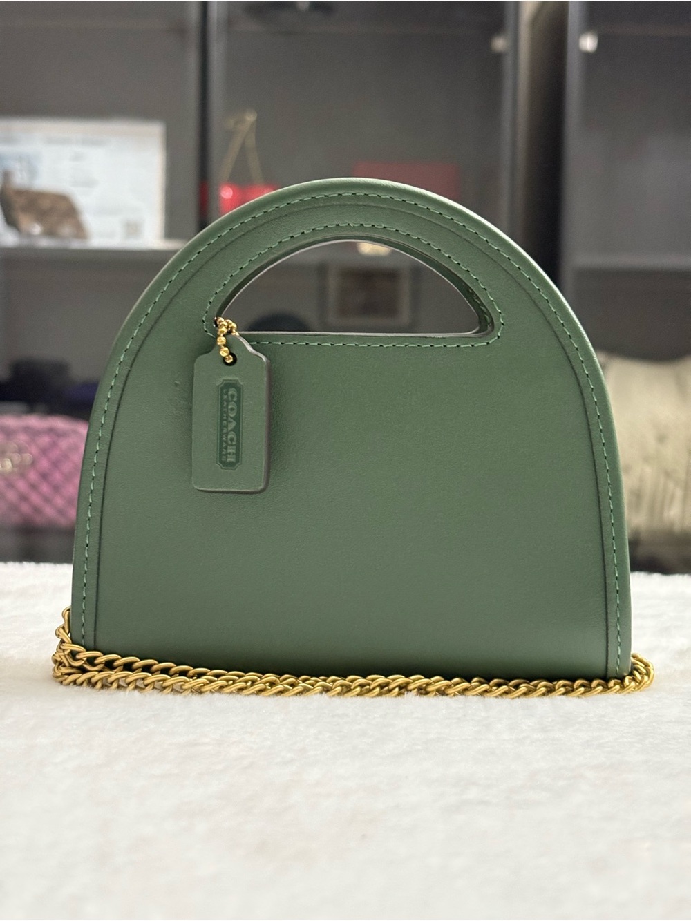 COACH Green Glovetanned Leather Mini Crossbody Top Handle Card Case -Authentic.